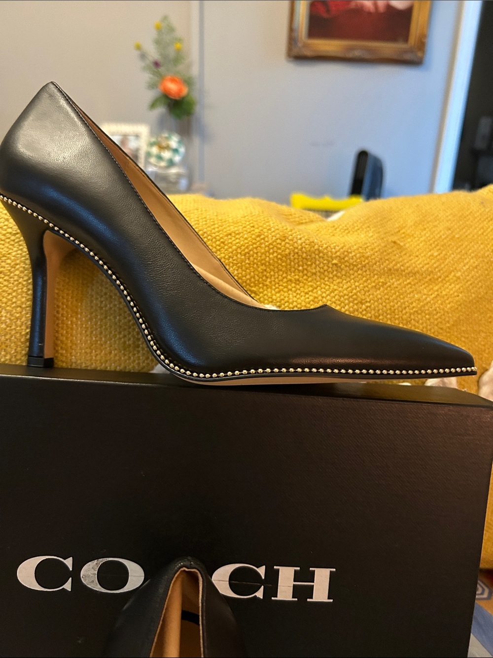 COACH Black Leather Pointed Toe Stiletto Pumps with Stud Trim - Picture 4 of 7